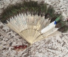 Antique Chinese Hand Painted Peacock Feather Hand Fan