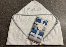 Rae Dunn Grey Hooded Towel And 8 Pack Buttons  Stitches Wash Cloths Baby Boy