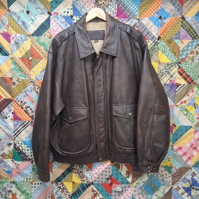 St. Johns Bay Brown Leather Bomber Jacket Size XL Aviator World Map Lined Heavy
