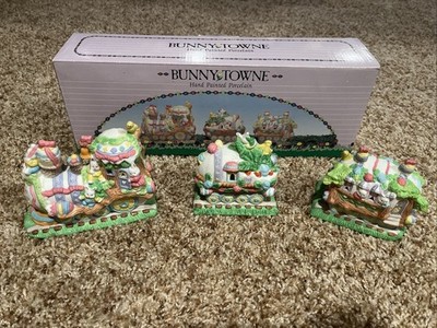 Bunny Towne Village 3 Piece Train Set Hand Painted Porcelain w/ Original Box VTG