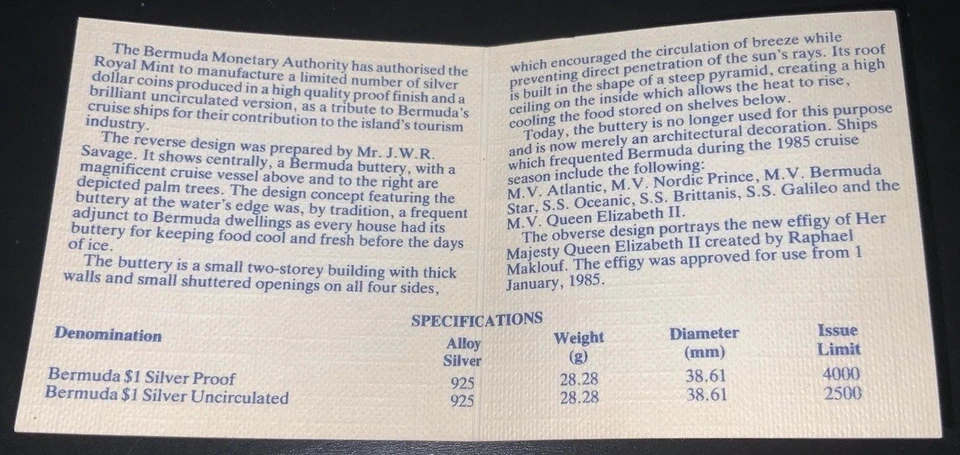 1985 Бермуды $1 Серебряный Доллар MU Круизный Корабль Туризм Серебро Пруф Ограниченный Выпуск - Изображение 2 из 4