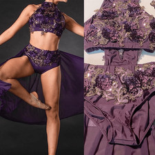Glamour solo dance costume custom purple lace embroidered SA-Small adult