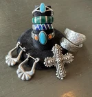 Vintage Southwestern Sterling Silver Lot Of 7 Turquoise Lapis Jade Rings Pendant