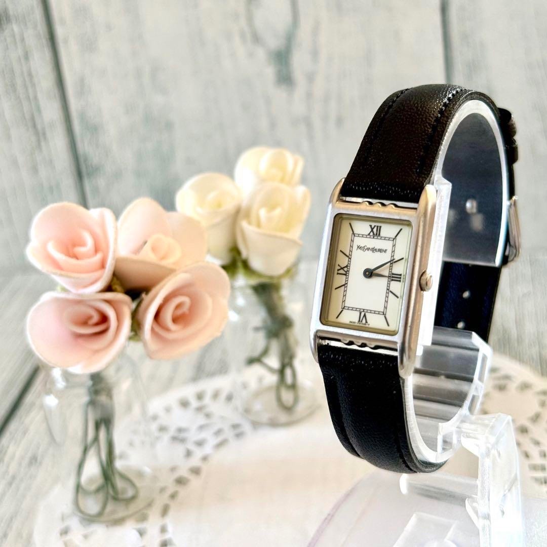 orologio da polso quadrato pelle marrone colore argento lavoro pulito RARO Yves Saint Laurent