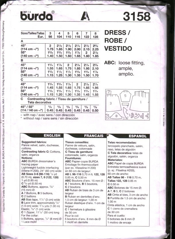 Vestido 3158 Burda Patrón de Costura Niñas Botón Frontal 3-8 Informal Fuera de Uso Coser De Colección Foto 2 de 2