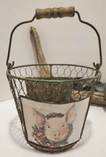 Christmas Pig Farmhouse Metal w Chicken Wire Basket with Handle Rustic Primitive