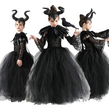 Kids Girls Set Maleficent Cosplay Sleeping Beauty Costume Dress Halloween Suit