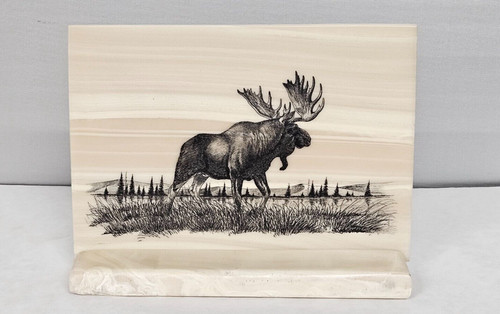 Marble Like Etched Art Wilderness Moose Picture Decor ~ 6 1/2" H  X 9" W