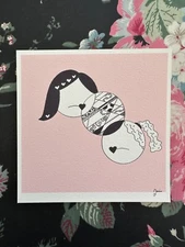 Abstract Faces Pink Background Original Doodle Indie Art Print Licensed Signed