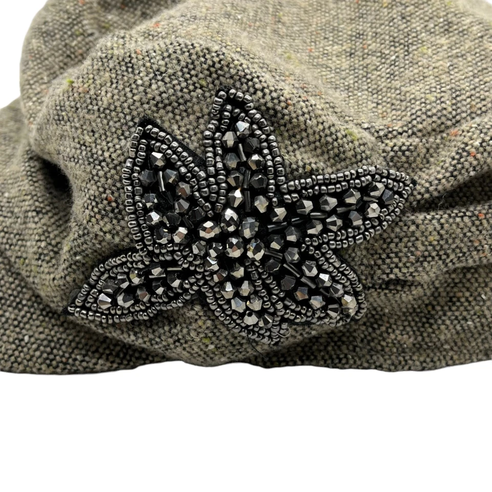 D + Y Cap Hat Bling Floral Embellished Elastafit Wool Blend Brown Tweed Women's - Image 2 of 4