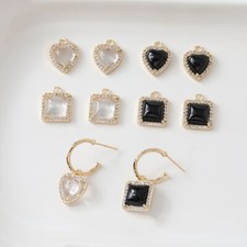 4pc Zircon Love Heart Charm,Natural Square Stone Pendan,Black Agate Square Charm