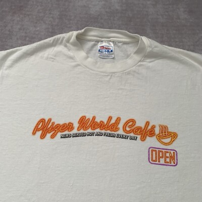 Vintage 90s Pfizer World Cafe Shirt Size XL News Pharmacy Medicine New York