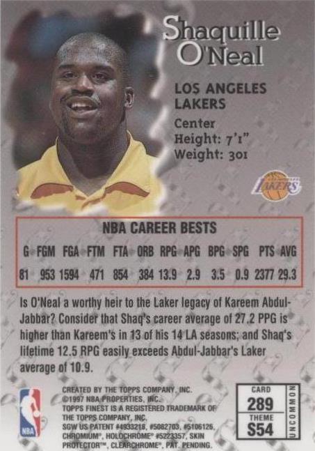 1996-97 Topps Finest - Shaquille O'Neal #289 for sale | eBay