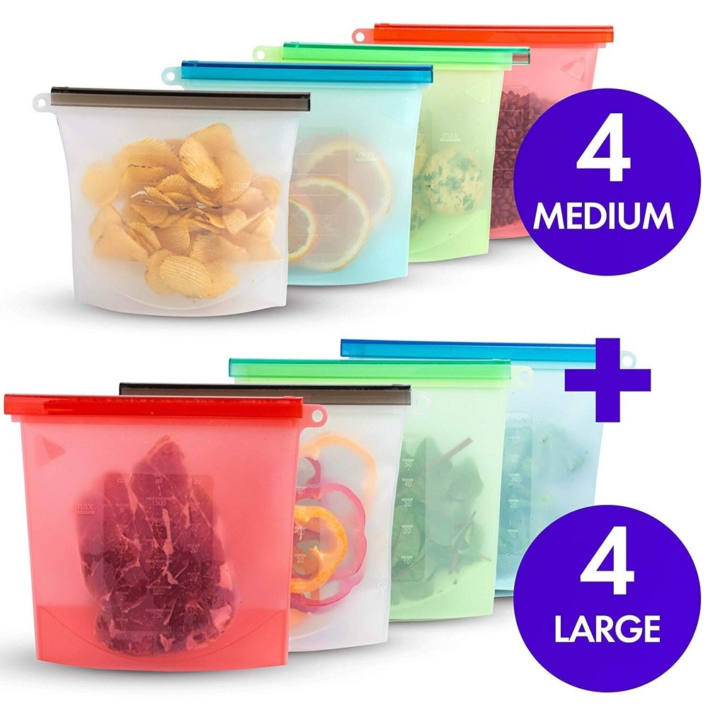 Reusable Silicone Food Storage Bags 1000ml(4pc)+1500ml(4pc) LEAKPROOF  AIRTIGHT
