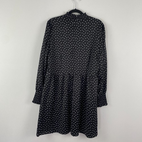 LOFT Dotted Smocked Flare Dress Size 16 Black White Polka Dot Long Sleeve - 第 4/11 張圖片