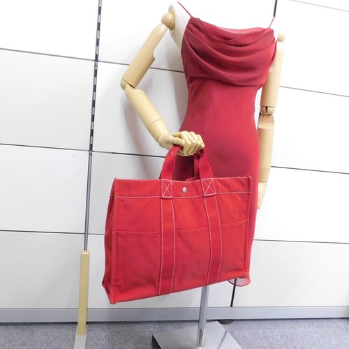 HERMES Canvas Fourre Tout MM Red Tote Bag #278 Rise-on - Picture 14 of 16