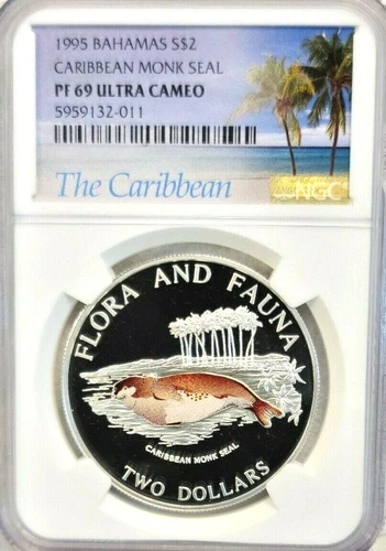 1995 BAHAMAS SILVER 2 DOLLARS CARIBBEAN MONK SEAL NGC PF 69 ULTRA CAMEO TOP