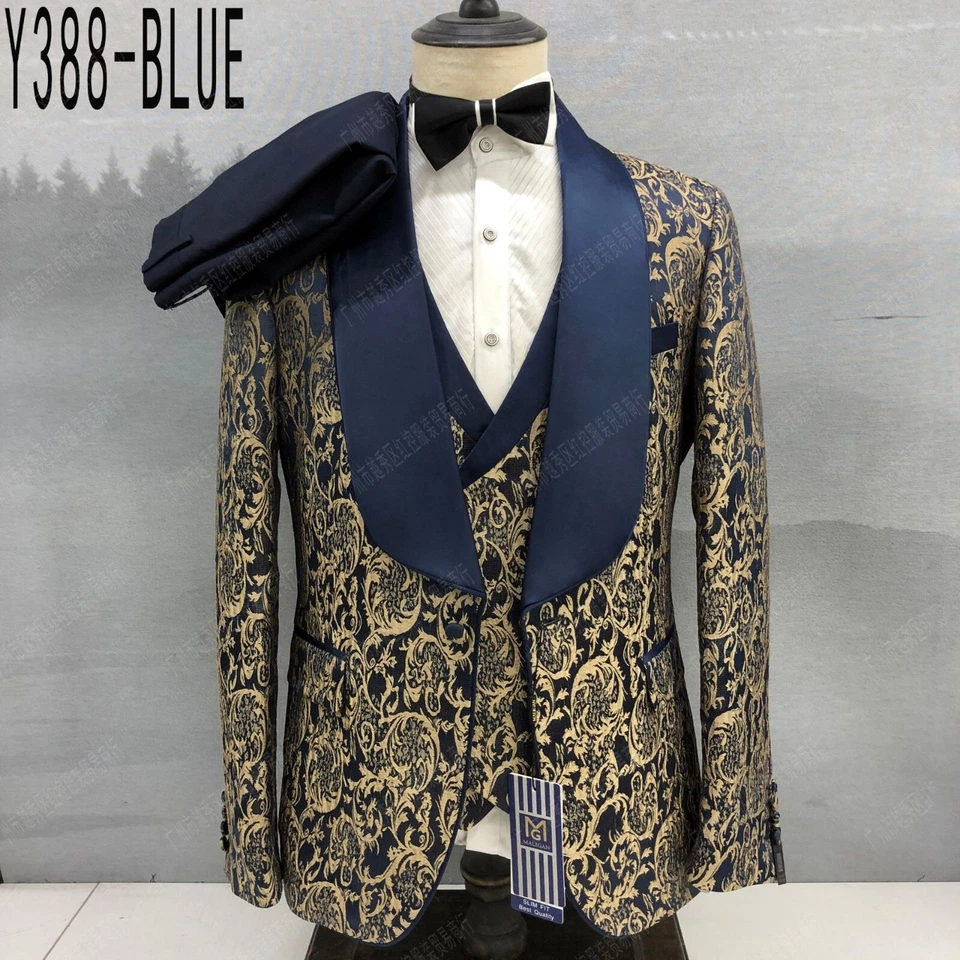 Trajes de cachemira de negocios para hombres conjuntos de 3 piezas calce ajustado formal graduación chal solapa esmoquin Foto 2 de 4