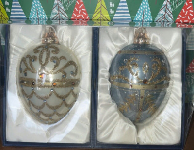 Hand Decorated Glass Ornaments 2 Pack Egg shape elegant Christmas holiday