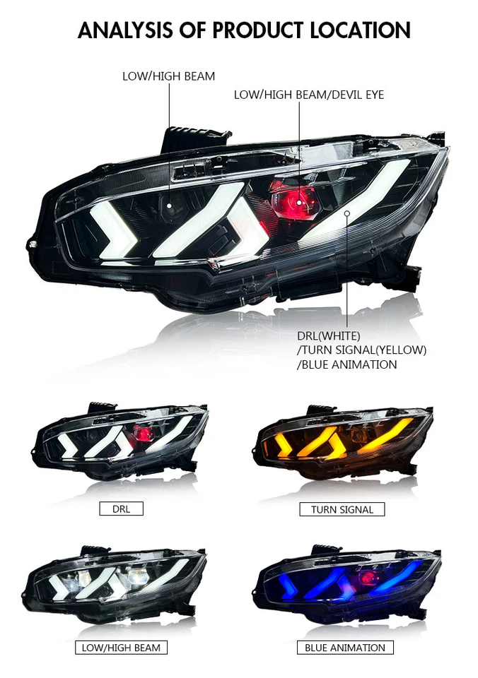 Demon Eyes LED Headlights & RGB Tail Lights  For 2016-2021 Honda Civic Sedan Foto 4 de 4