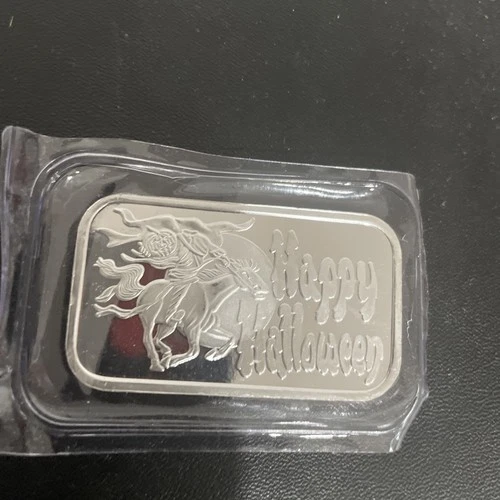Happy Halloween Headless Horseman Pumpkin 1 Oz 999 Fine Silver Art Bar Sealed