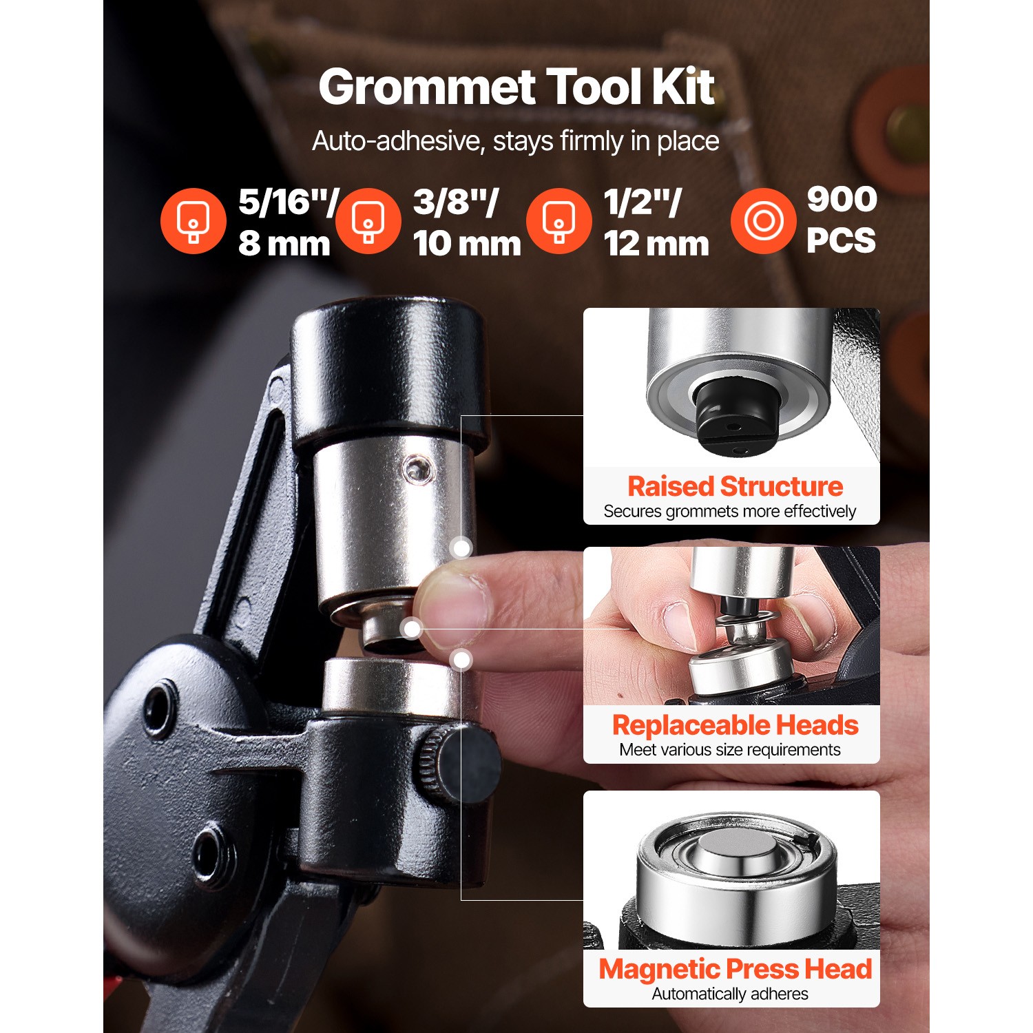 Grommet Tool Kit 900 PCS 5/16 Inch 3/8 Inch 1/2 Inch Metal Eyelets Grommets