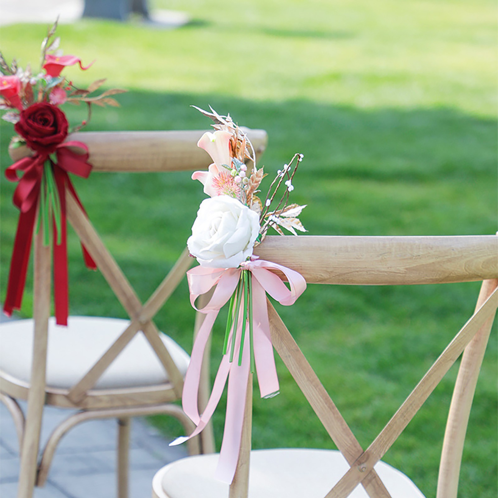 Wedding Aisle Decoration Pew Flower With Hanging Ribbons Romantic Artificial Cha