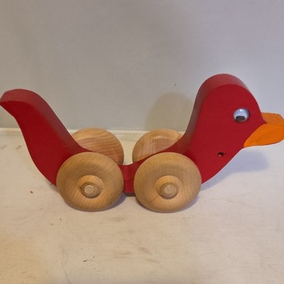 Vintage Red and Orange Duck Pull Toy with Googly Eyes for Ages 1-2 3-4 Years