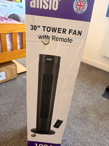 Ansio 30in Tower Fan Black Remote Control Oscillating 45W Model 1004