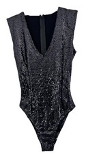 Black Sequin Women Size M One Piece Sleeveless Bodysuit with Back Zipper