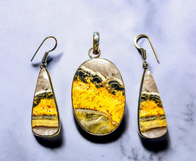 Bumblebee Jasper Earrings & Pendant - Sterling Silver Ear Wires & Bail -  