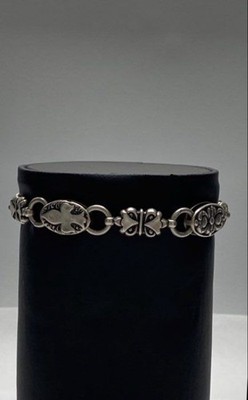Vintage Sterling Silver Cross Medallion Link Bracelet Fleur-de-lis 7.5''