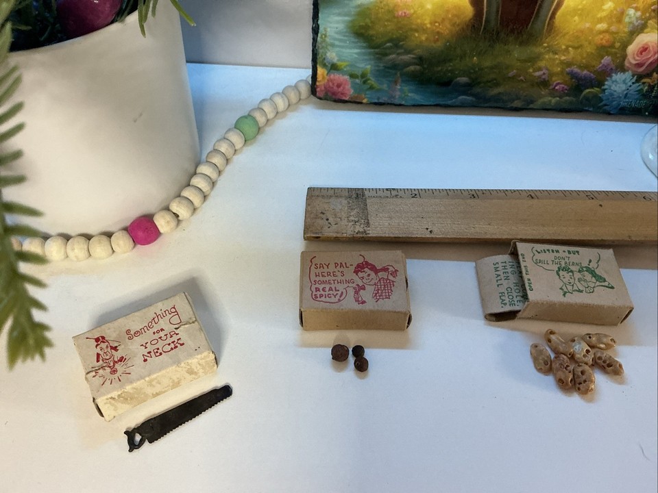 A set of three still-boxed 1940s–50s H. Fishlove gag gifts — a legendary Chicago novelty brand that's genuinely collectible, not just kitschy.