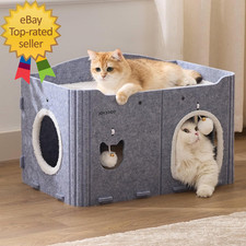 Extra Wide Scratch Resistant Felt Cat Hideaway Pet Cave Bed with Fluffy Ball