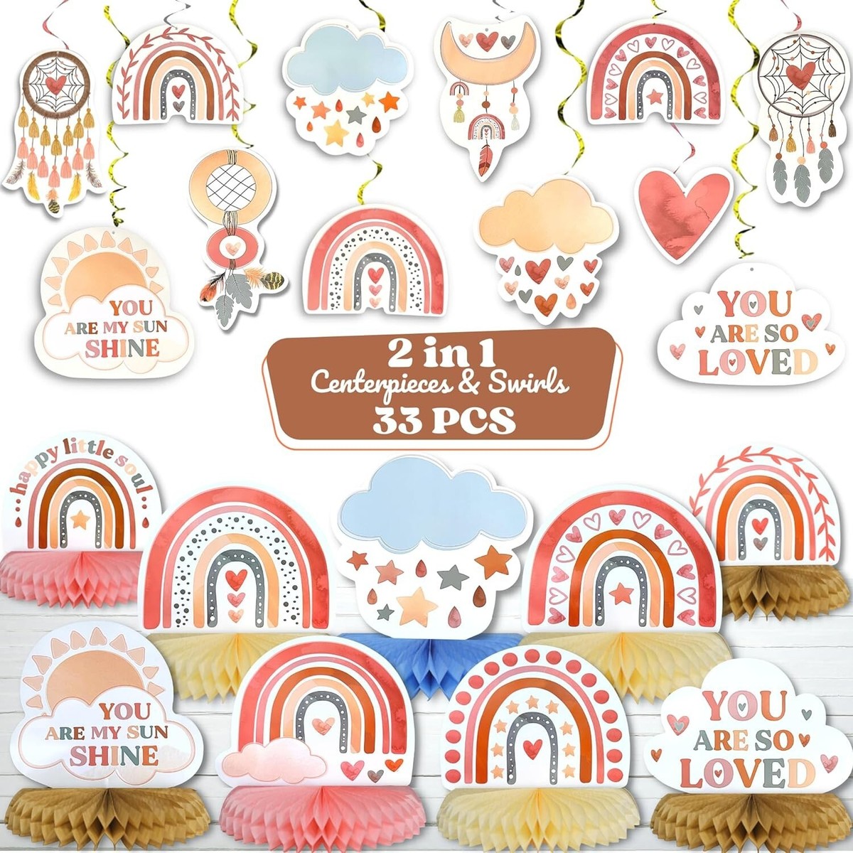 40 Serviettes De Fête Boho Arc-en-ciel - 33x33cm Pour Baby Shower Et Anniversaire | Motifs Fleurs Et Rainbow
