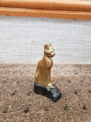 1985 Egyptian Metal Brass Color Cast Goddess on Black Marble Stand. 4 '' Tall