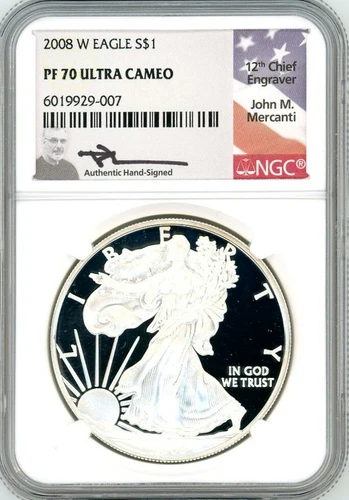 2008 W $1 1oz Proof Silver Eagle PR70 NGC John Mercanti