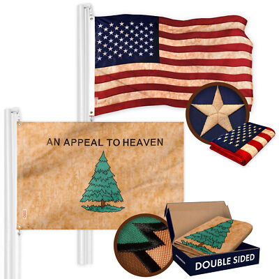 Combo: USA Flag & An Appeal to Heaven Tea-Stained Flag 3x5 Ft Both Embr Poly