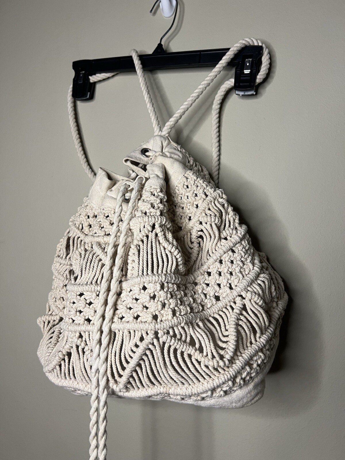Macrame Beach Backpack Bag Drawstring Closure Cre… - image 1