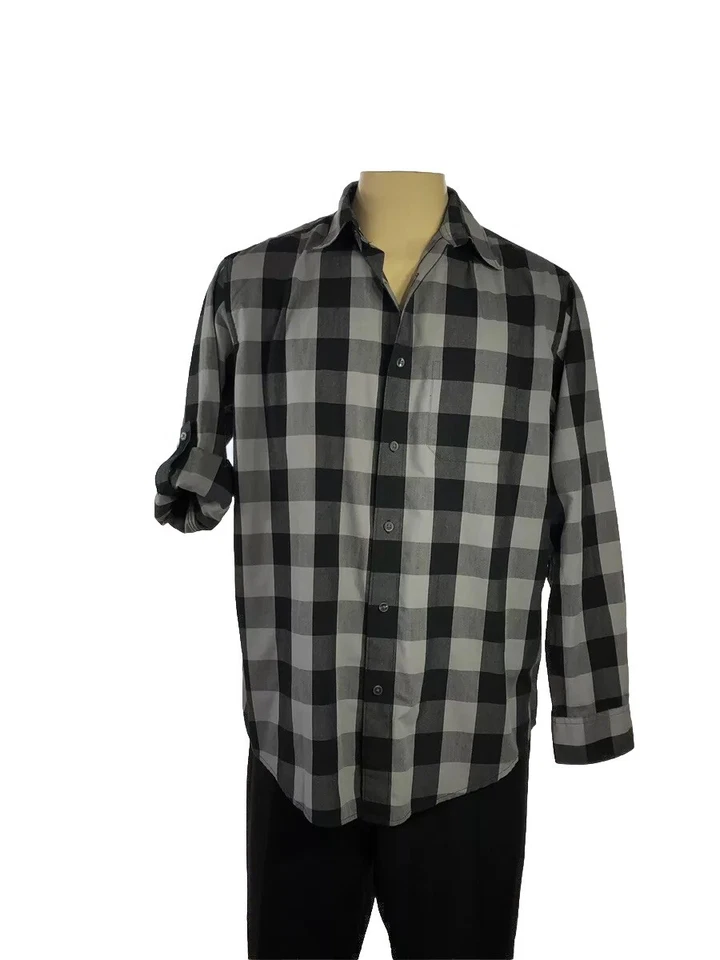 SHIRT Spring+Mercer Men’s Sz L Plaid Black Gray Long Sleeve Button Daw - Image 2 of 4