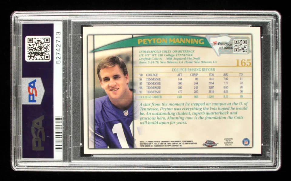 Peyton Manning Signed 1998 Topps Chrome #165 (PSA & Fanatics) Autograph Graded P - Image 2 of 2