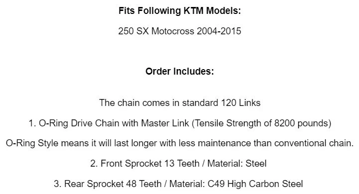 O-Ring Drive Chain & Sprockets Kit for KTM 250 Sx Motocross 2004-2015 Steel - Image 4 of 4