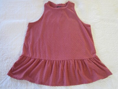 W5 Womens Tank Size S Pink/Salmon Swiss Dot Peplum Ruffle