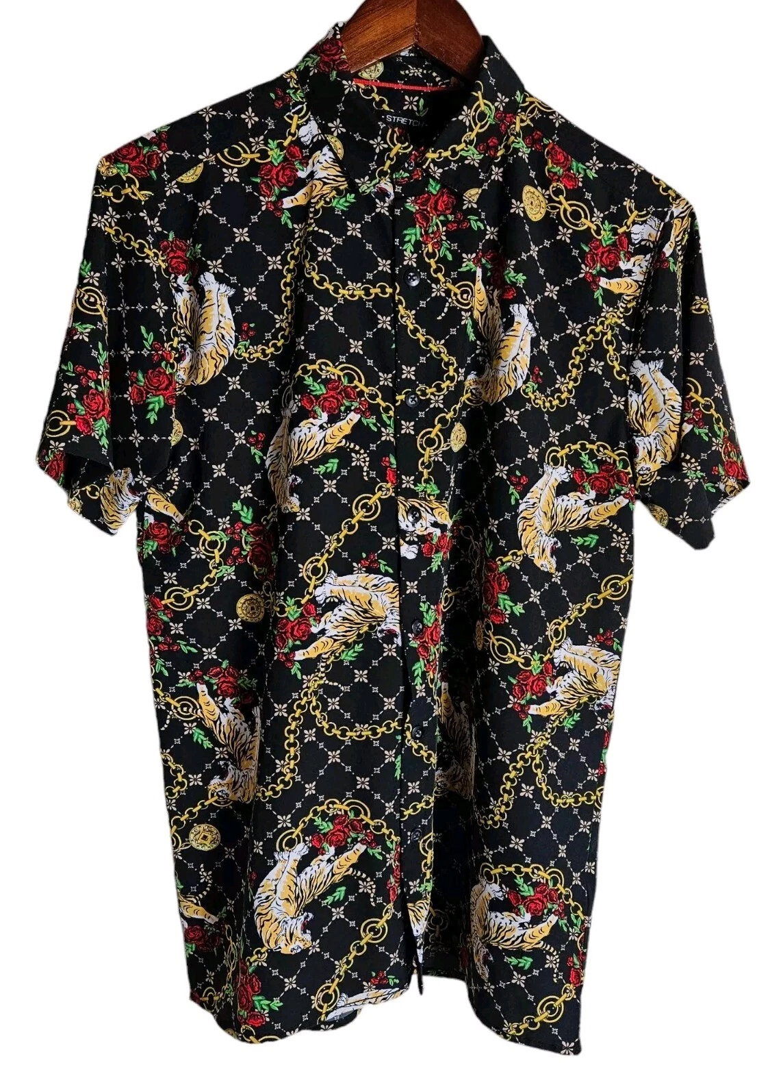 Drill Clothing Company Tiger Roses Chain Print Button Up Shirt Unisex Sz Small