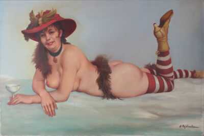 Weiblicher Akt Bar Maid liegend Gemälde signiert 61 X 91,5 cm Erotika