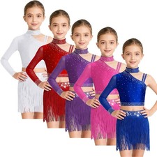 Kids Girls Dancewear Shoulder Outfits One Shoulder Costume Sparkly Dress Shiny
