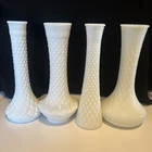 Vintage Milk Glass Quilted Diamond Pattern Flower Bud Vase set 4. 9 in see pic