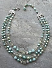 Vtg Mid Century Japan 3 Strand Beaded Necklace Blue Crystal Glass Fx Pearl Beads