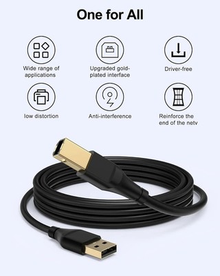 HP Printer Cable 6ft, Square USB A to USB B Cable for Printer/Scanner Epson, HP,