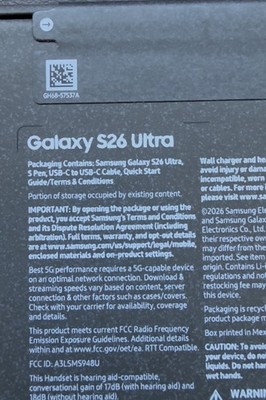 Samsung Galaxy S26 Ultra Sky Blue 1TB Smartphone Packaging/Box Label